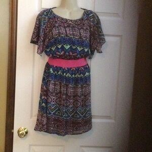 Multicolor Geometric Print Dress with Pink Accent